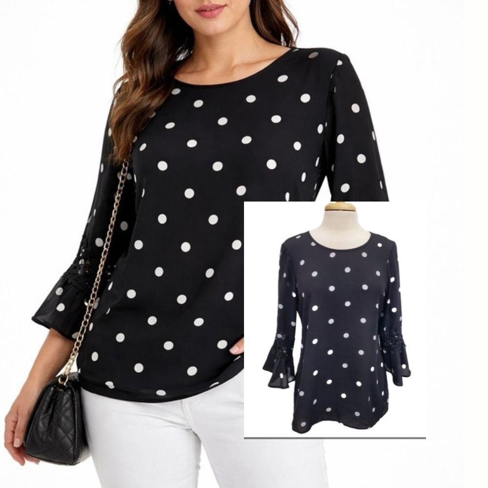 Zac & Rachel Chiffon Blouse Polka Dot Crochet Bell Sleeve Womens M